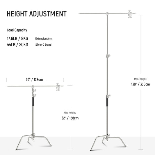 NEEWER Pro 330cm Stainless Steel C Stand with Boom Arm SC320AC