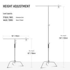 NEEWER Pro 330cm Stainless Steel C Stand with Boom Arm SC320AC