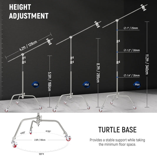 NEEWER Pro 330cm Stainless Steel C Stand with Boom Arm SC340AW