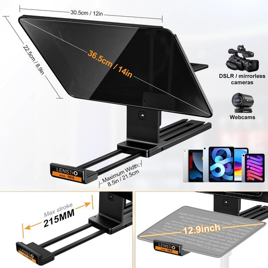 LENSGO TC12 Teleprompter for DSLR/Mirrorless Camera and Tablet up to 12.9 Inches